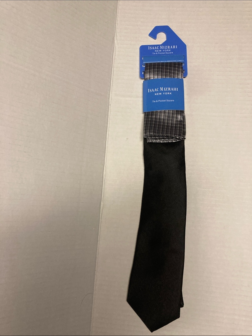 Isaac Mizrahi Black Tie with Gray Plaid Pocket Square